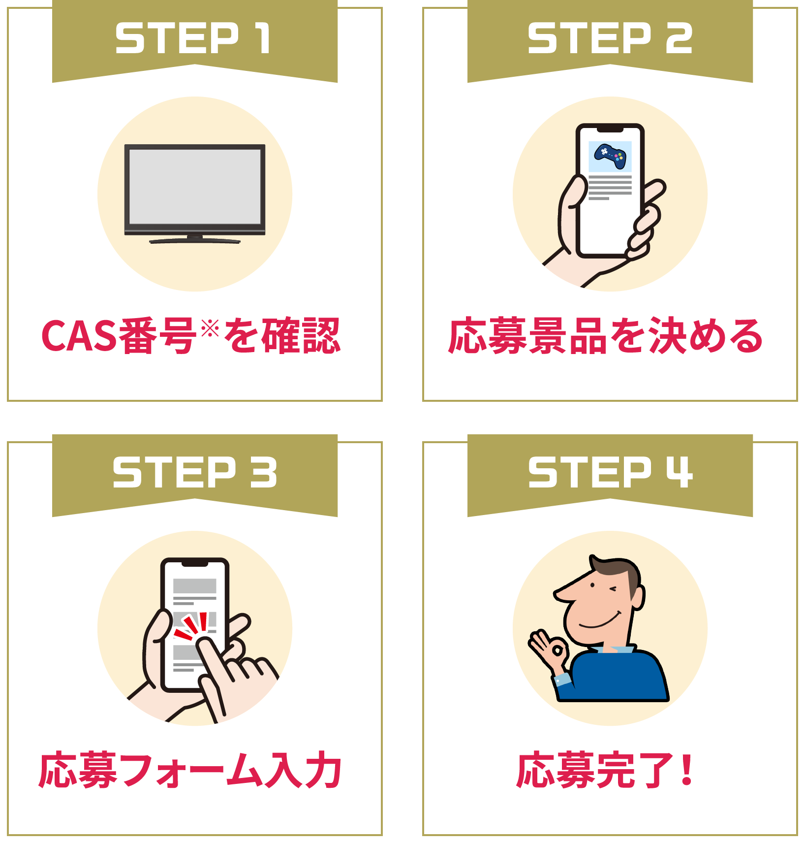CAS番号を確認 応募景品を決める 応募フォーム入力 応募完了
