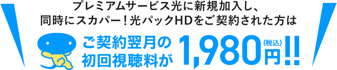 プレミアムサービス光に新規加入し、同時にスカパー!光パックHDをご契約された方はご契約翌月の初回視聴料が1,980円(税込)!!