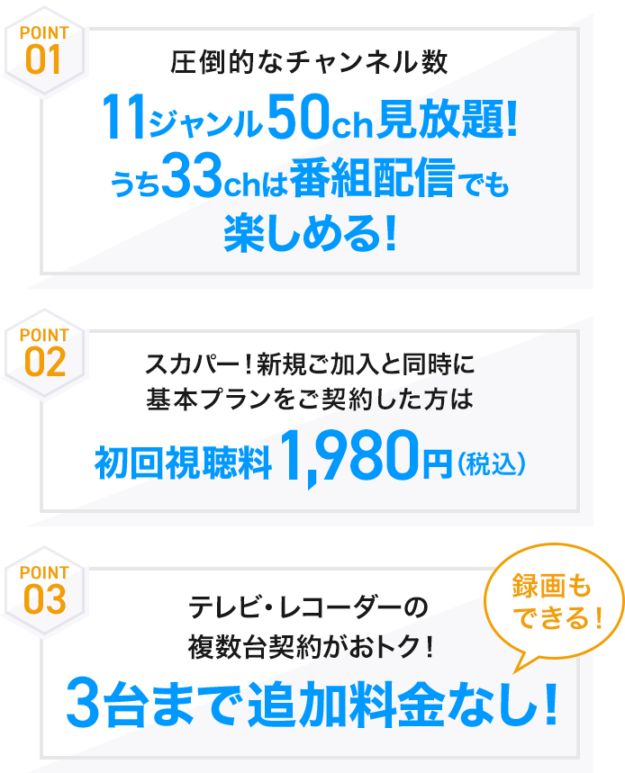 POINT01 圧倒的なチャンネル数 11ジャンル50ch見放題! POINT02 スカパー！新規ご加入と同時に基本プランをご契約した方は初回視聴料1,980円(税込) さらに4月15日～5月31日まで最大3ヶ月半額キャンペーン実施中 POINT03 テレビ・レコーダーの複数台契約がおトク！3台まで追加料金なし！録画もできる！