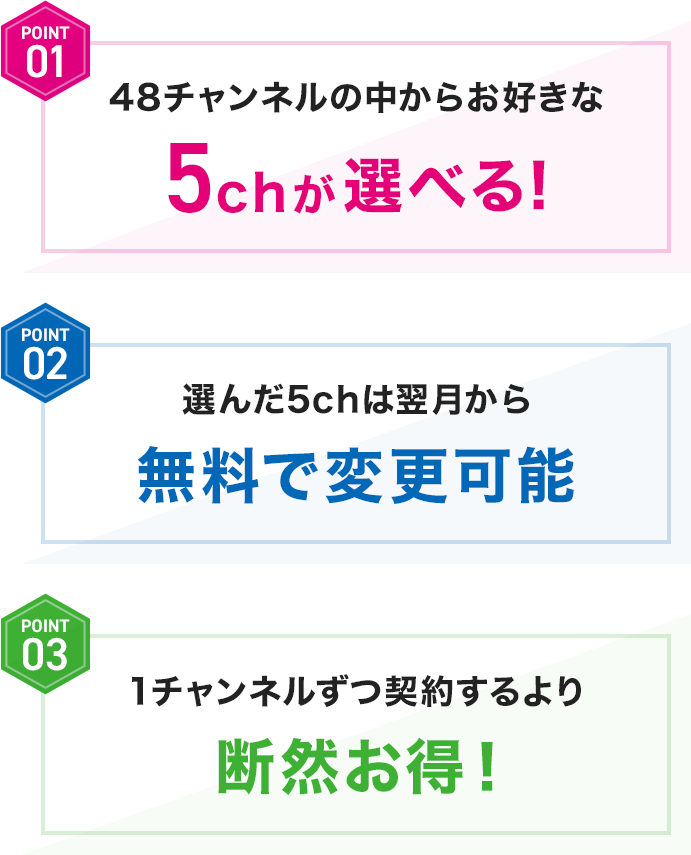 POINT01 48チャンネルの中からお好きな5ch,10chが選べる！ POINT02 選んだ5ch,10chは翌月から無料で変更可能 POINT03 1チャンネルずつ契約するより断然お得！