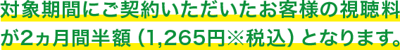 対象期間にご契約いただいたお客さまの視聴料が2ヵ月間半額（1,265円※税込）となります。