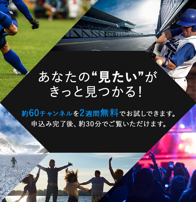 あなたの見たいがきっと見つかる！ 約60チャンネルを2週間無料でお試しできます。申込み完了後、約30分でご覧いただけます。