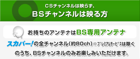 CSチャンネルは映らず、BSチャンネルは映る方 お持ちのアンテナはBS専用アンテナ スカパー！の全チャンネル（約80ch）※プレミアムサービスは除くのうち、BSチャンネルのみお楽しみいただけます。