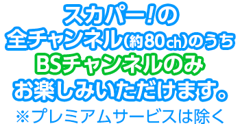 スカパー！の全チャンネル（約80ch）のうちBSチャンネルのみお楽しみいただけます。※プレミアムサービスは除く