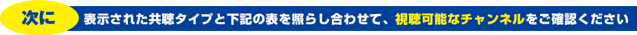 次に表示された共聴タイプと下記の表を照らし合わせて、視聴可能なチャンネルをご確認ください