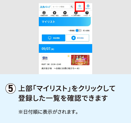 上部「マイリスト」をクリックして登録した一覧を確認できます※日付順に表示がされます。